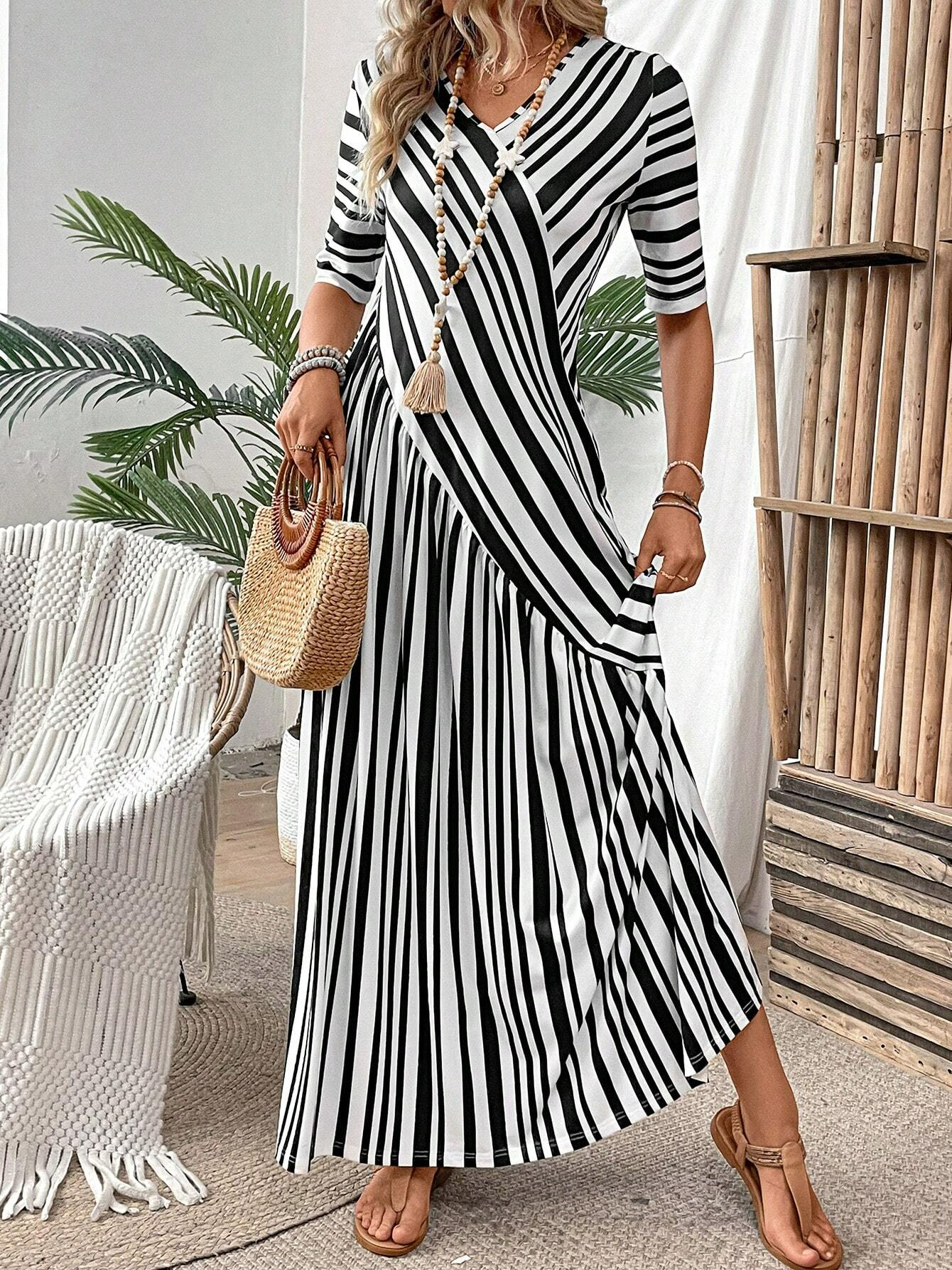 Lässig Schwarz und Weiß Farbblock V-Ausschnitt Kleid