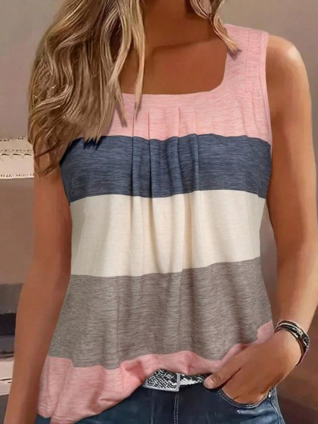 Damen Ärmellos Tanktop Oberteile Leibchen Sommer Multifarben Block Karree-Ausschnitt Täglich Ausgehen Lässig Oberteile