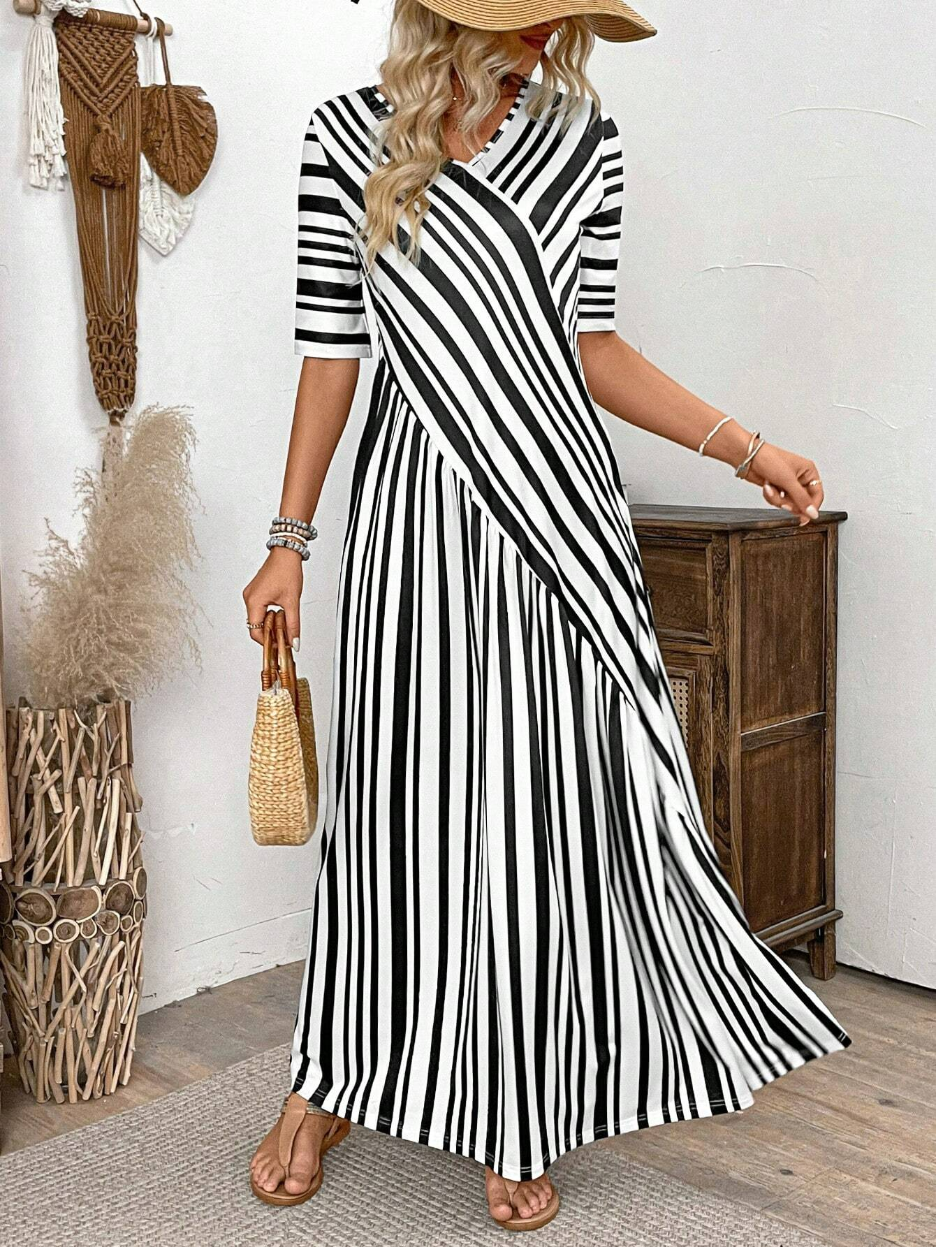 Lässig Schwarz und Weiß Farbblock V-Ausschnitt Kleid