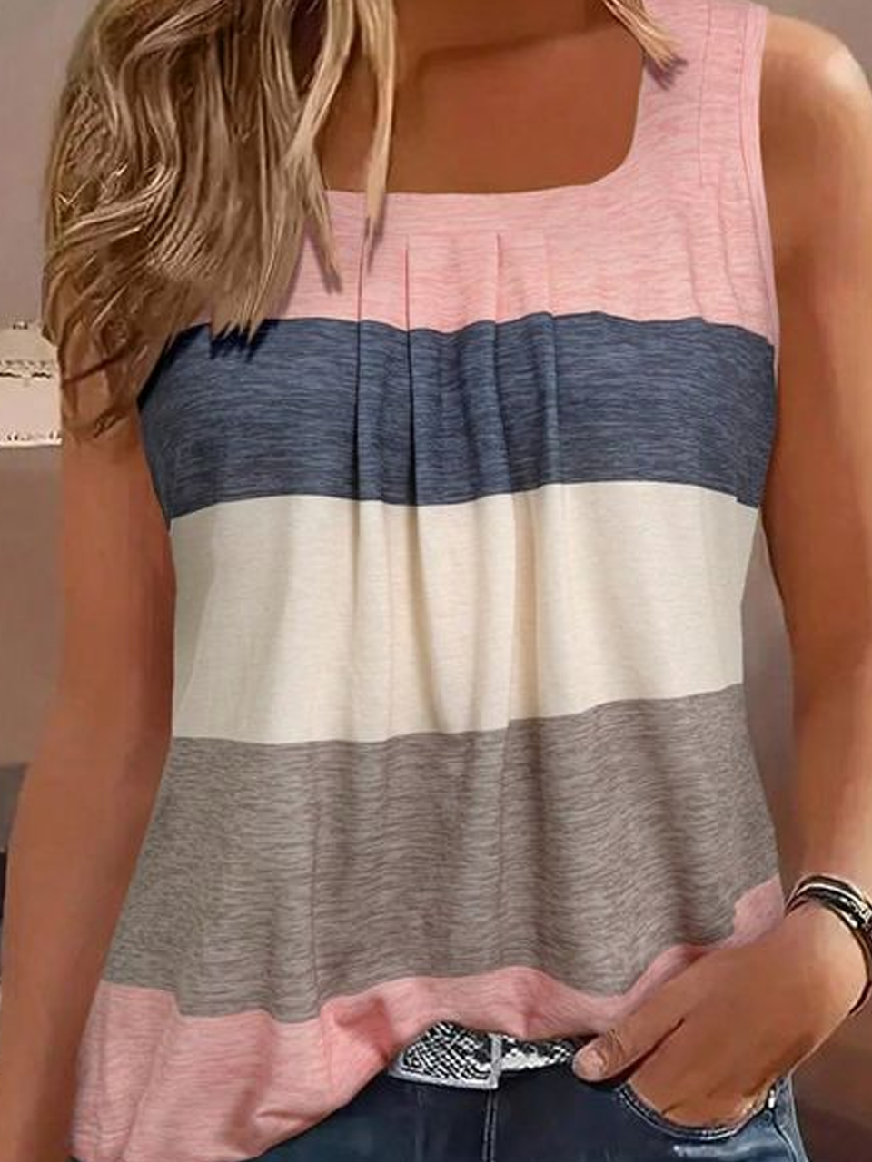 Damen Ärmellos Tanktop Oberteile Leibchen Sommer Multifarben Block Karree-Ausschnitt Täglich Ausgehen Lässig Oberteile