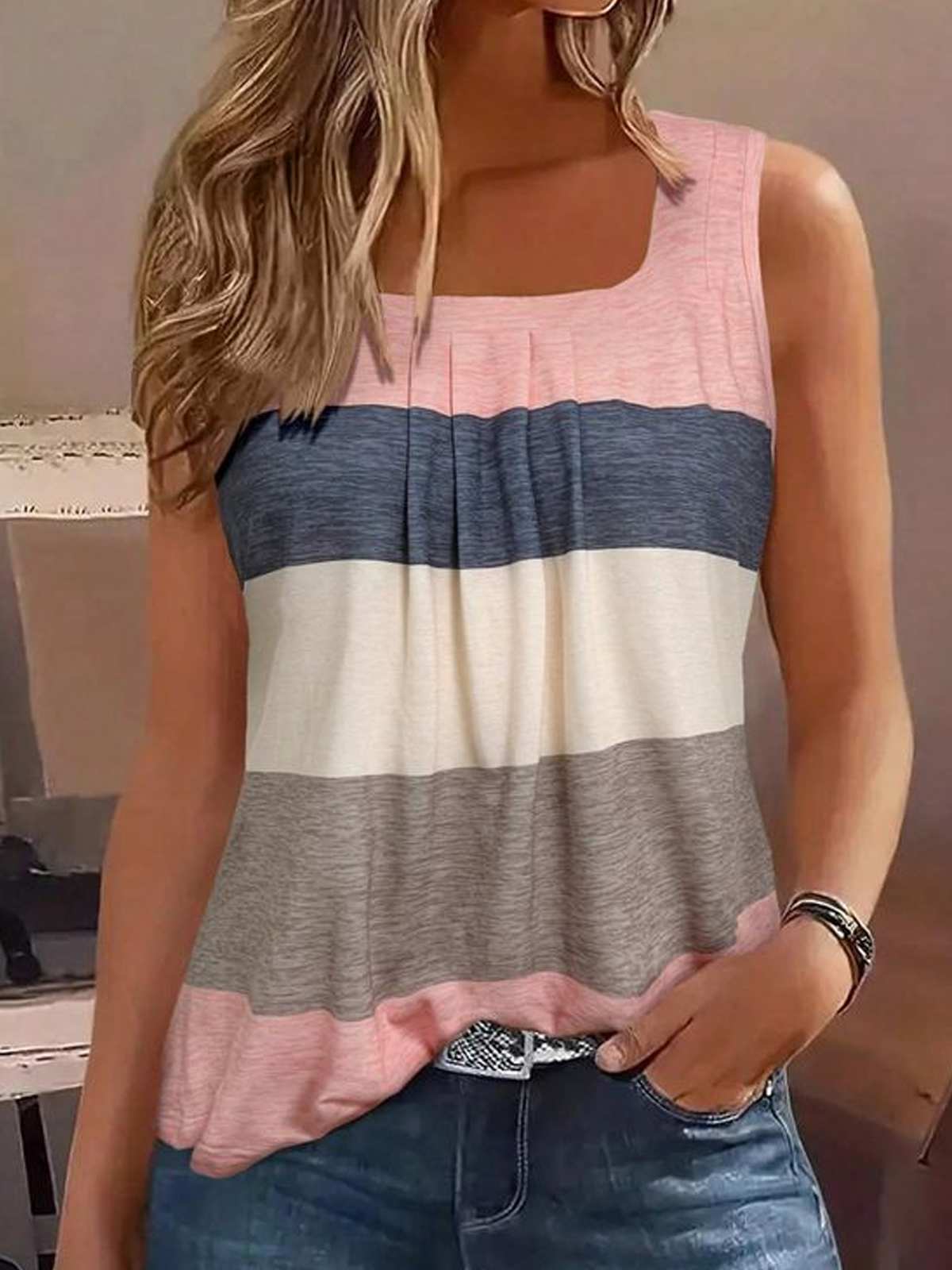 Damen Ärmellos Tanktop Oberteile Leibchen Sommer Multifarben Block Karree-Ausschnitt Täglich Ausgehen Lässig Oberteile