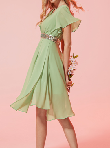Damen Elegant Chiffon Unifarben Sommerkleid V-Ausschnitt Glitzernd Gürtel Kleider