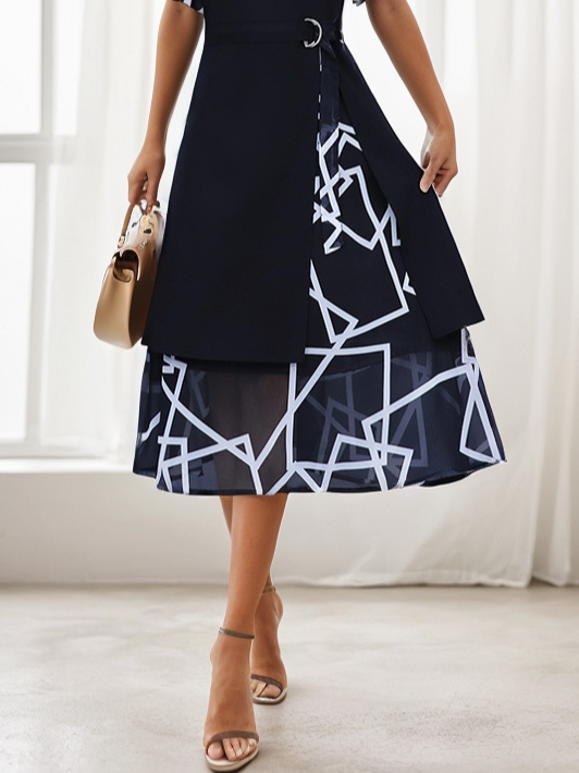 Damen Kurzarm Sommer Geometrisch Kleid Geschichtet Aussehen Rundhals Elegant Blau Maxikleid