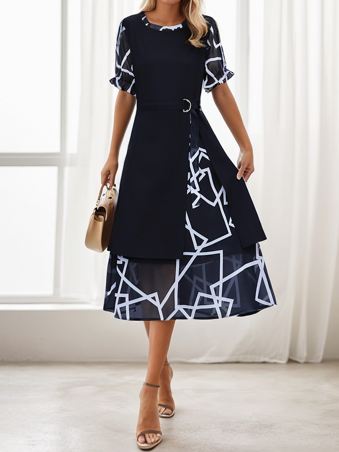 Damen Kurzarm Sommer Geometrisch Kleid Geschichtet Aussehen Rundhals Elegant Blau Maxikleid