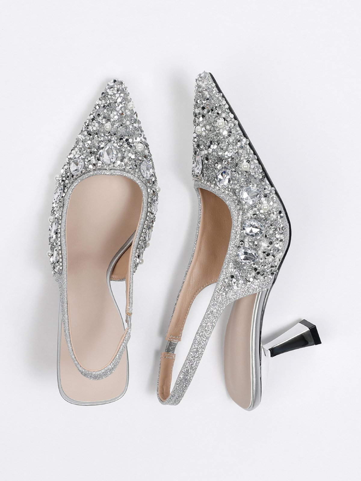 funkelnd Strass Nachgemachte Perle Kätzchen Stöckel Slingback Pumps