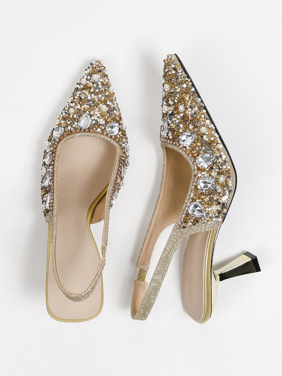 funkelnd Strass Nachgemachte Perle Kätzchen Stöckel Slingback Pumps