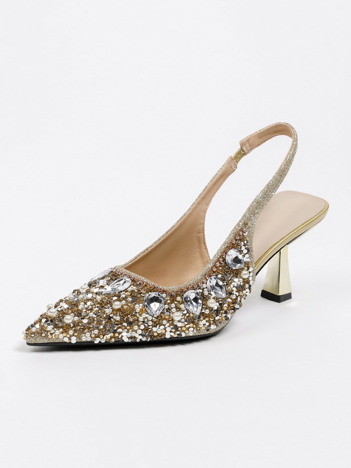 funkelnd Strass Nachgemachte Perle Kätzchen Stöckel Slingback Pumps