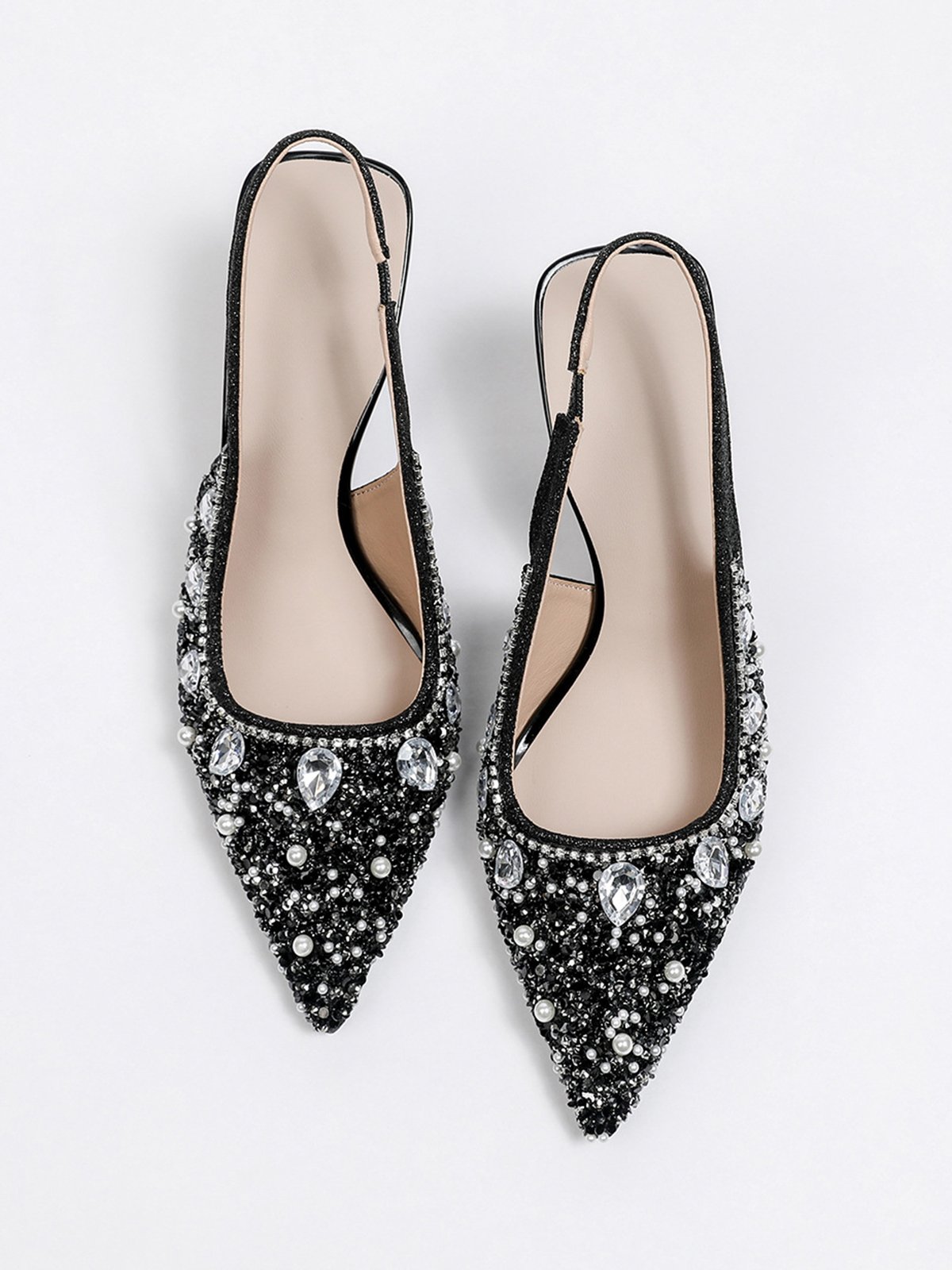 funkelnd Strass Nachgemachte Perle Kätzchen Stöckel Slingback Pumps