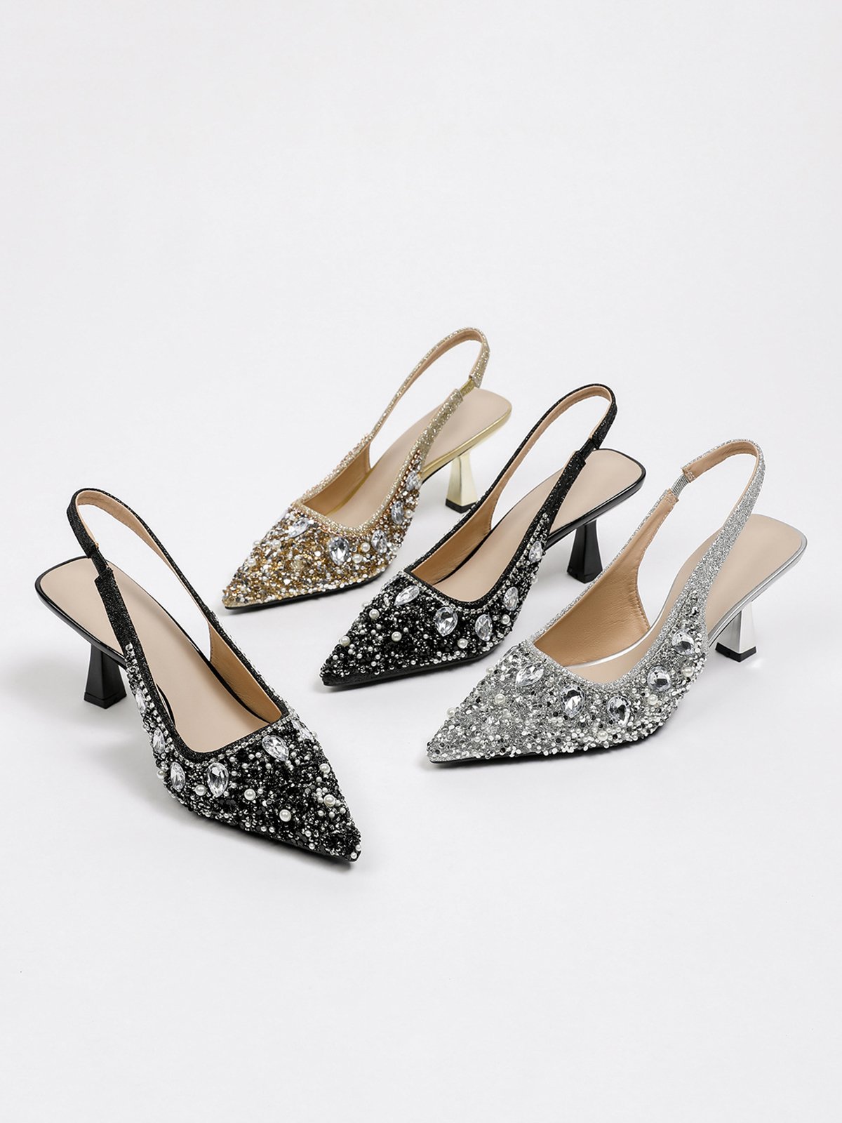 funkelnd Strass Nachgemachte Perle Kätzchen Stöckel Slingback Pumps