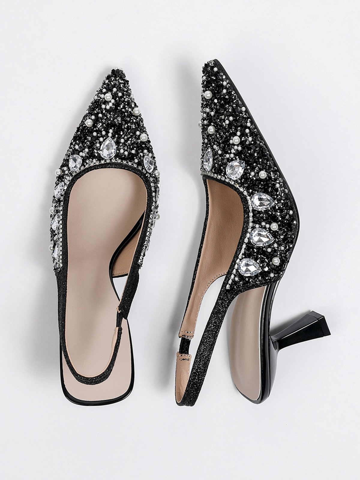 funkelnd Strass Nachgemachte Perle Kätzchen Stöckel Slingback Pumps