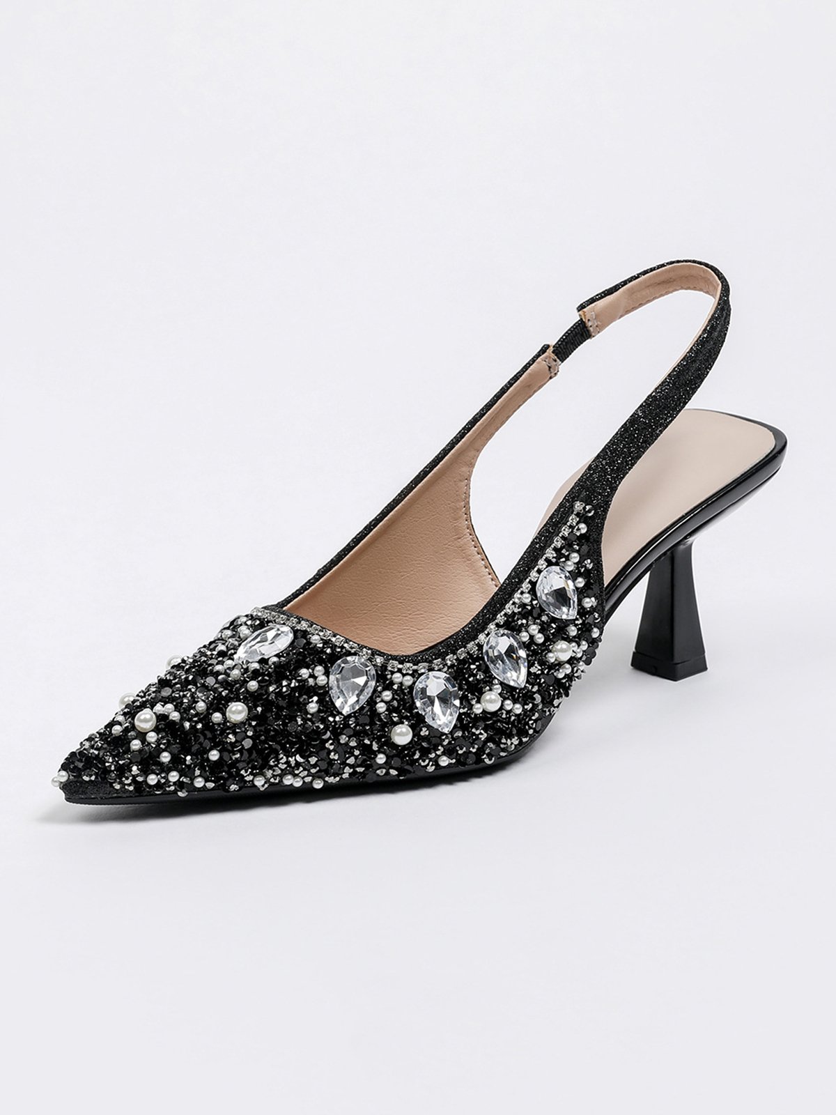 funkelnd Strass Nachgemachte Perle Kätzchen Stöckel Slingback Pumps