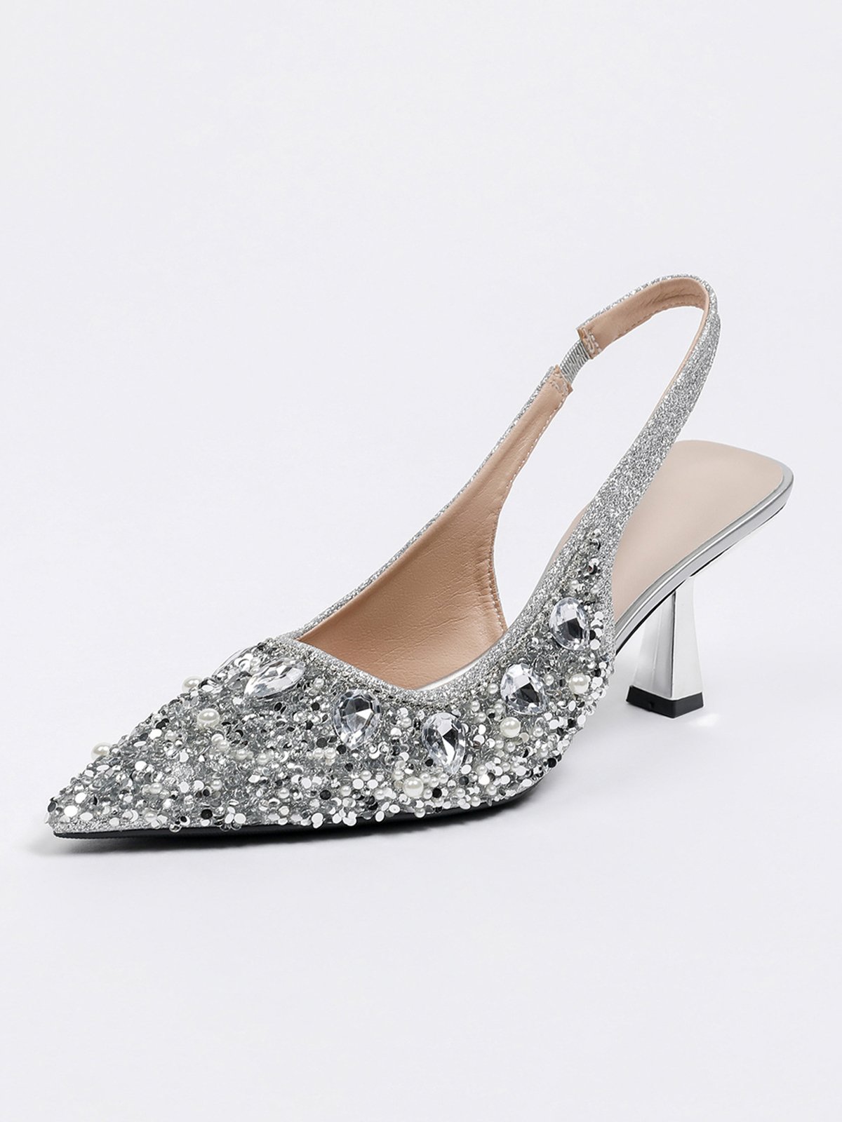 funkelnd Strass Nachgemachte Perle Kätzchen Stöckel Slingback Pumps