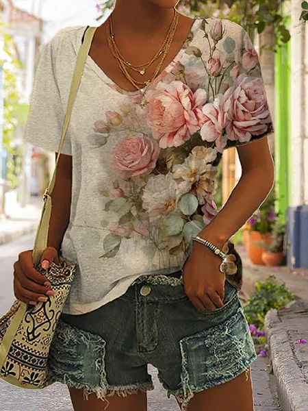 Kurzarm-T-Shirt/T-Shirt für Damen Sommer Blumenmuster Jersey V-Ausschnitt Alltag Ausgehen Freizeit-Top mehrfarbig