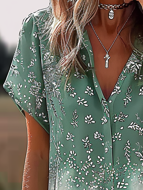 Kurzarm-Shirt für Damen  Sommer  Blumendruck  V-Ausschnitt  Alltag  Ausgehen  Freizeit-Oberteil  Grün