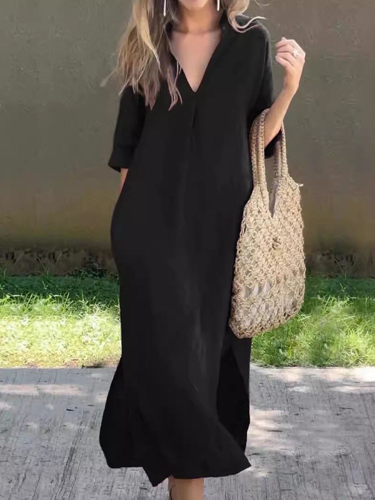 Damen Unifarben Kurzarm Sommer Kleid V-Ausschnitt Täglich Lässig Maxikleid H-Linie Kleid