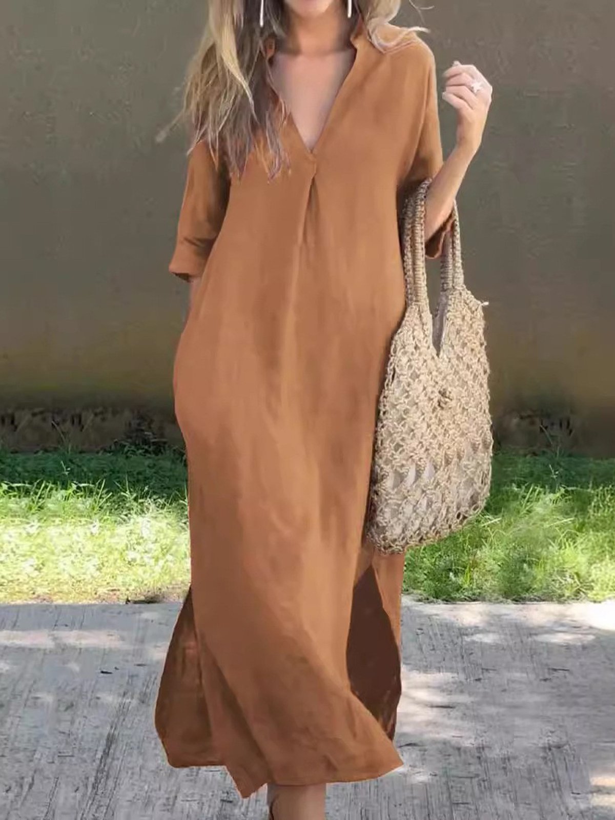 Damen Unifarben Kurzarm Sommer Kleid V-Ausschnitt Täglich Lässig Maxikleid H-Linie Kleid