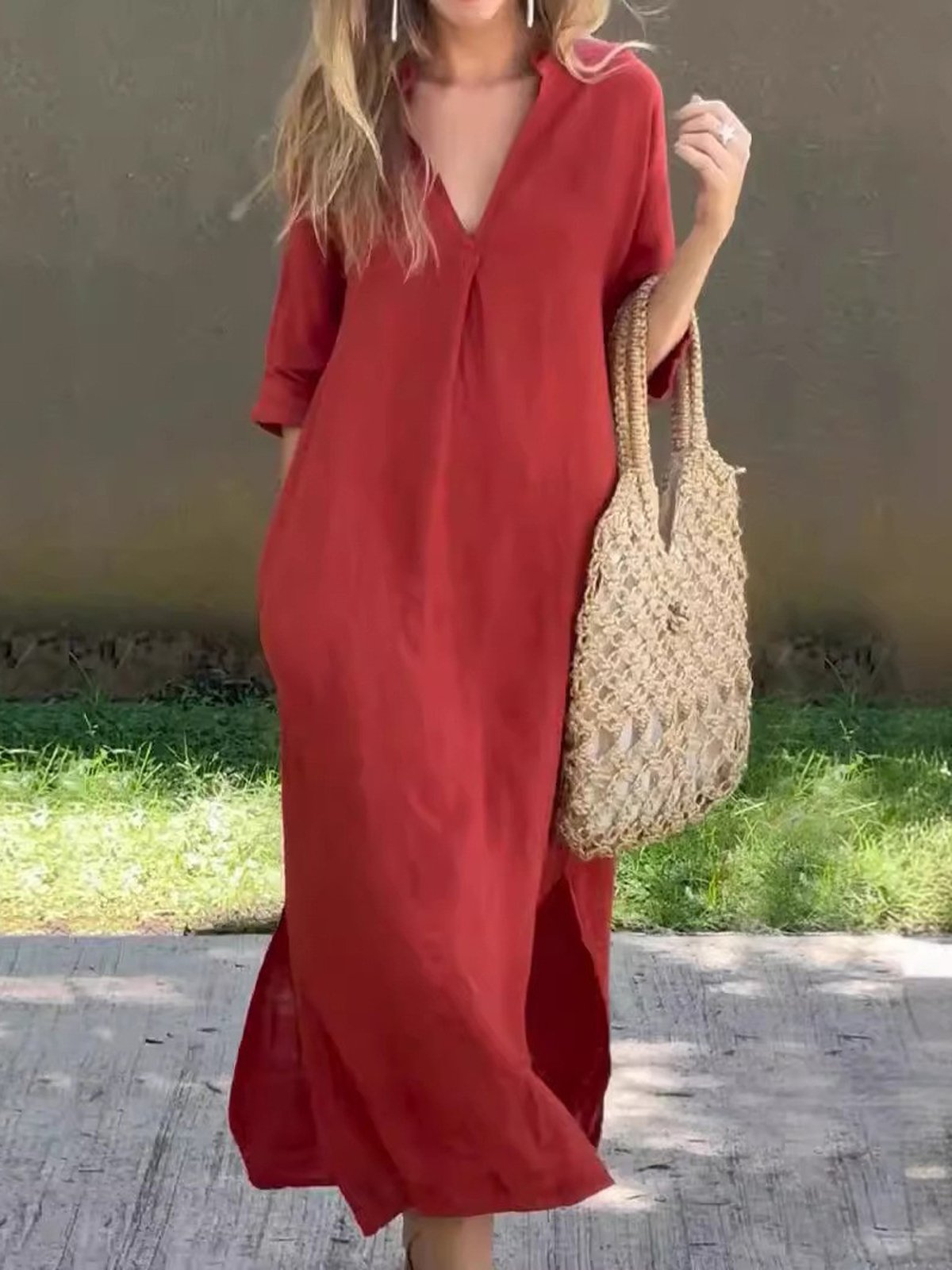 Damen Unifarben Kurzarm Sommer Kleid V-Ausschnitt Täglich Lässig Maxikleid H-Linie Kleid