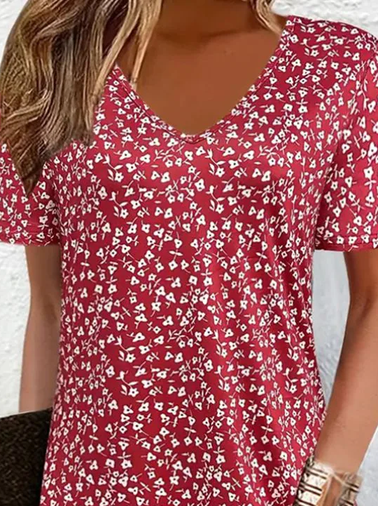 Damen Kurzarm Sommer Blumenmuster Kleid V-Ausschnitt Täglich Ausgehen Lässig Mini T-Shirt-Kleid H-Linie Kleid