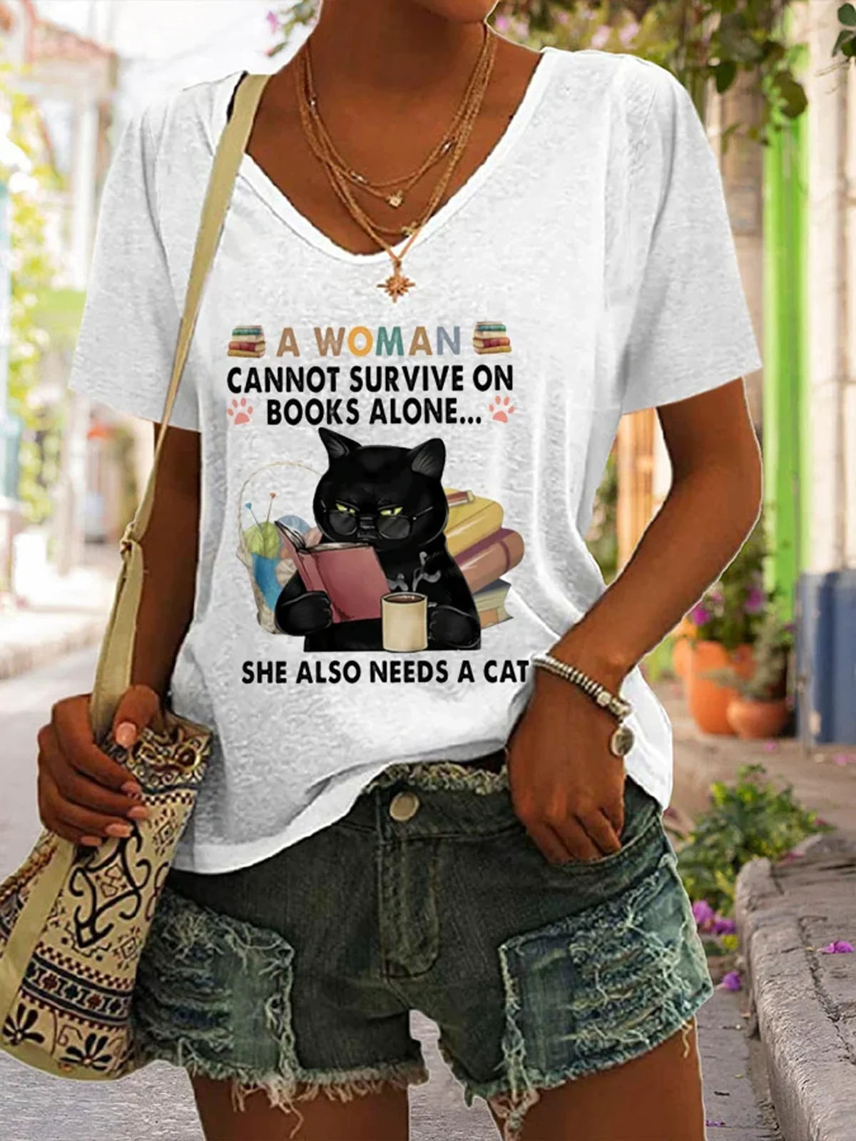 Damen Kurzarm T-Shirts T-Shirt Sommer Katze V-Ausschnitt Täglich Ausgehen Lässig Oberteile Weiß