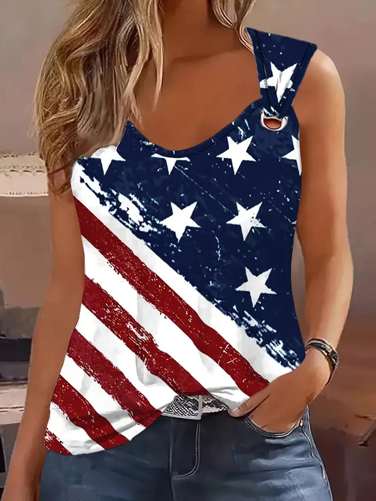 Damen Ärmellos Tanktop Oberteile Leibchen Sommer Amerika-Flagge Schnalle Jersey Rundhals Täglich Ausgehen Lässig Oberteile