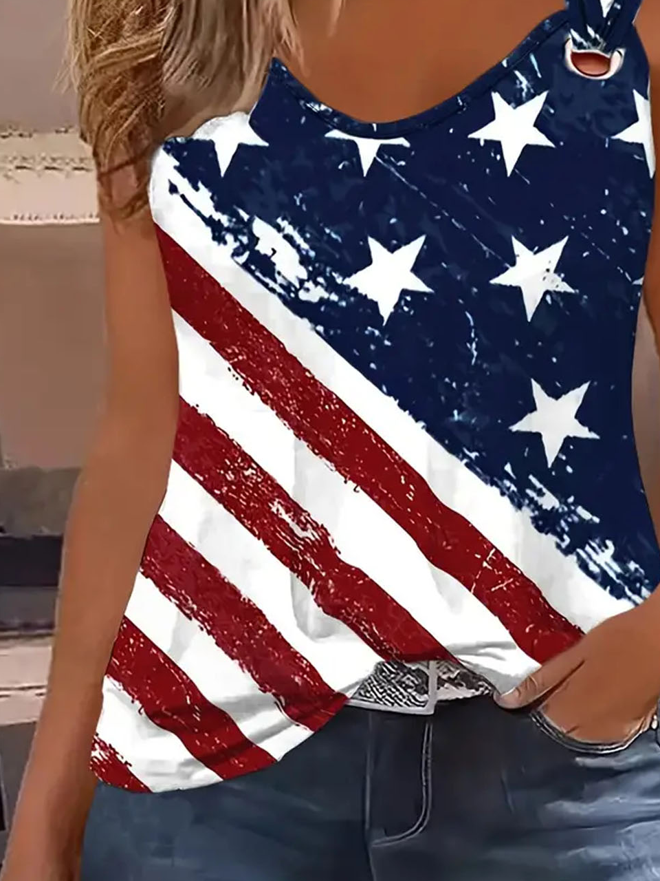 Damen Ärmellos Tanktop Oberteile Leibchen Sommer Amerika-Flagge Schnalle Jersey Rundhals Täglich Ausgehen Lässig Oberteile