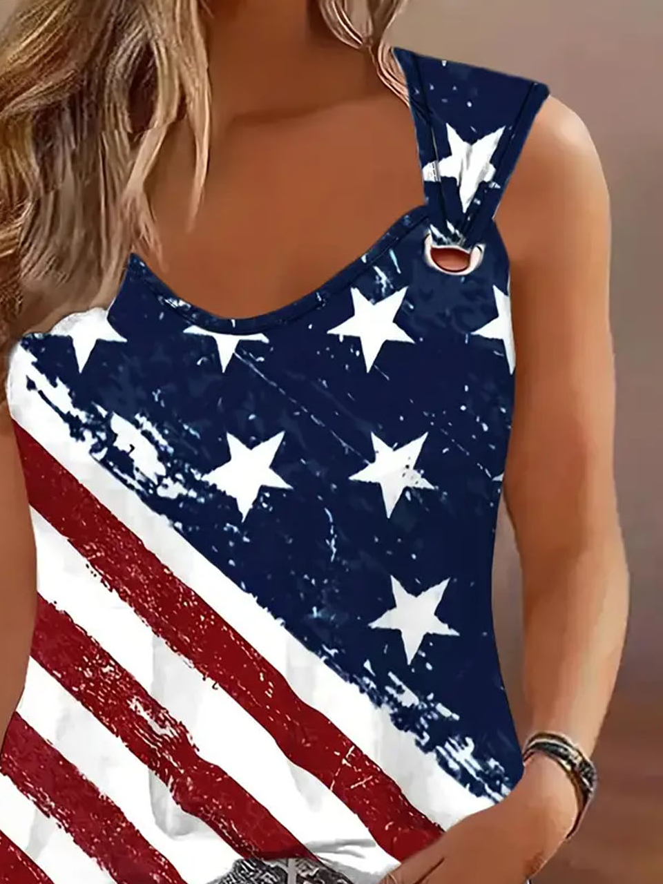 Damen Ärmellos Tanktop Oberteile Leibchen Sommer Amerika-Flagge Schnalle Jersey Rundhals Täglich Ausgehen Lässig Oberteile