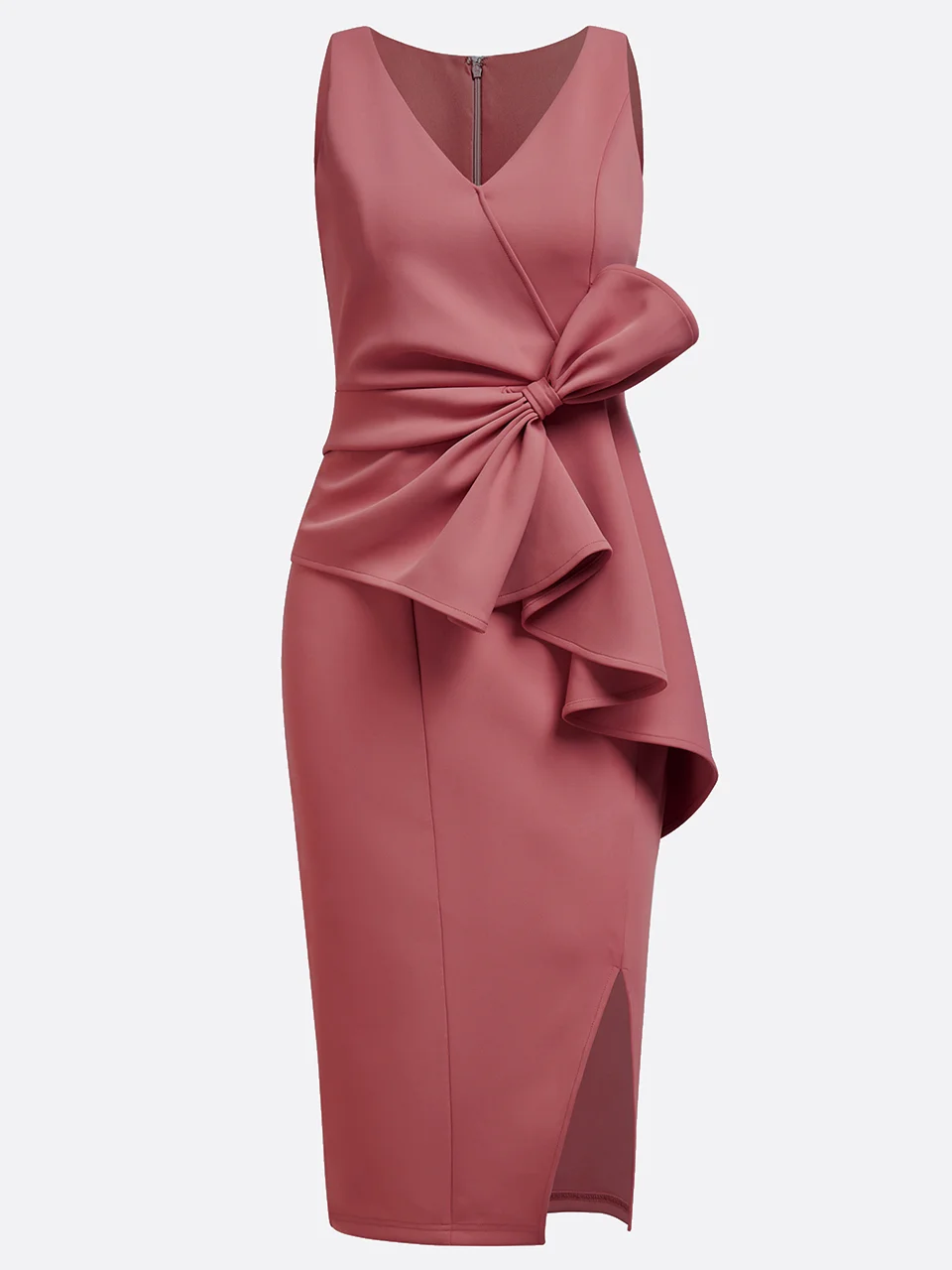 Damen Ärmellos Sommer Unifarben Gerüscht Kleid V-Ausschnitt Cocktail Ausgehen Urban Midi H-Linie Pink