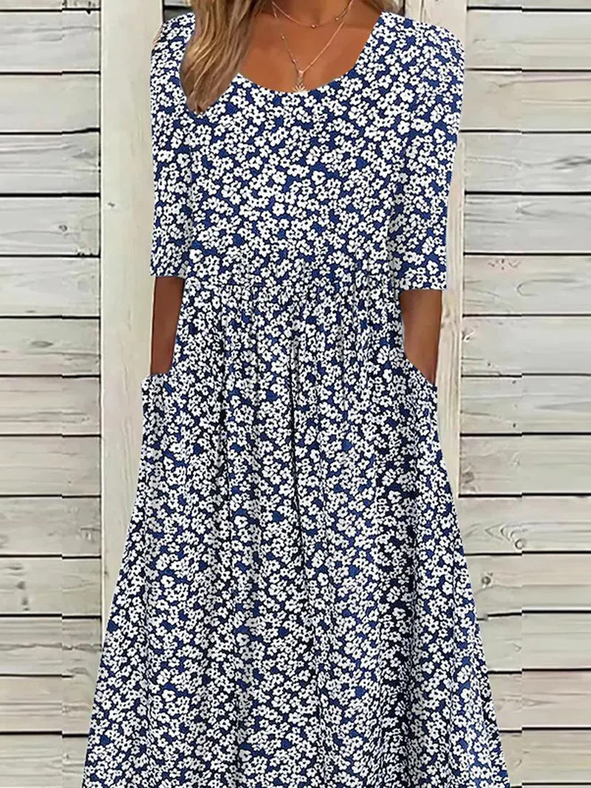 Damen Halbarm Sommer Blumenmuster Kleid Rundhals Täglich Ausgehen Lässig Midi H-Linie Blau