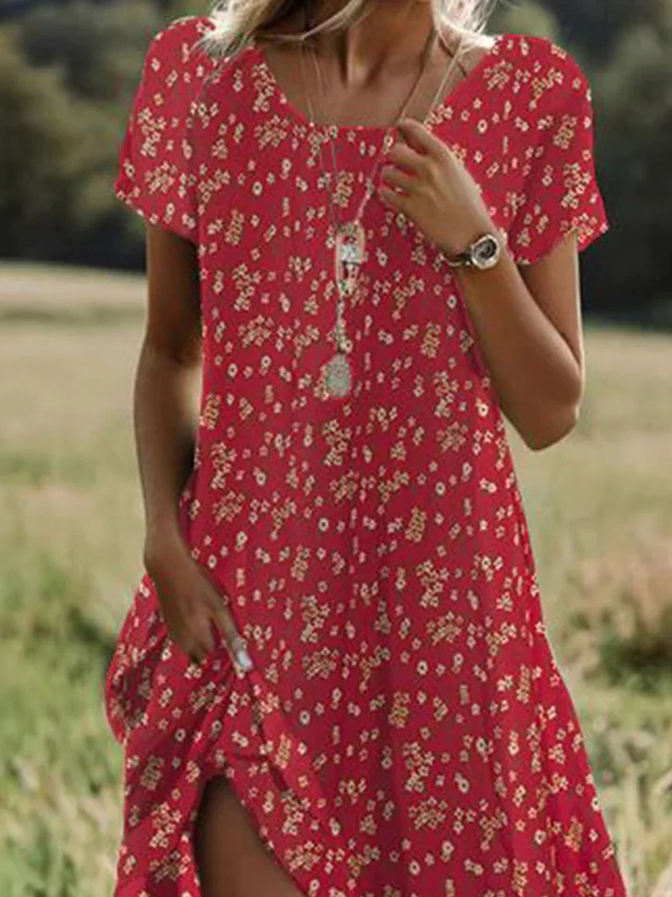 Damen Kurzarm Sommer Geblümt Kleid Rundhals Täglich Ausgehen Lässig Mini A-Linien Rot