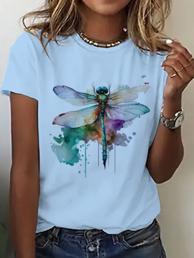 Damen Kurzarm T-Shirts T-Shirt Sommer Libelle Rundhals Täglich Ausgehen Lässig Oberteile Weiß