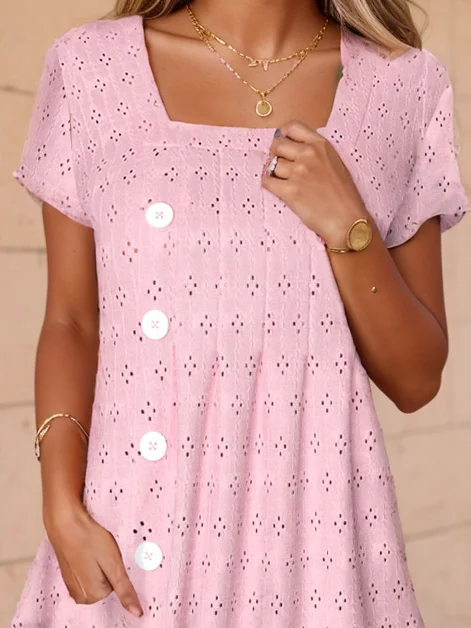 Damen Kurzarm Sommer Unifarben Schnalle Baumwollmischung Karree-Ausschnitt Täglich Ausgehen Lässig Midi H-Linie Pink Kleid