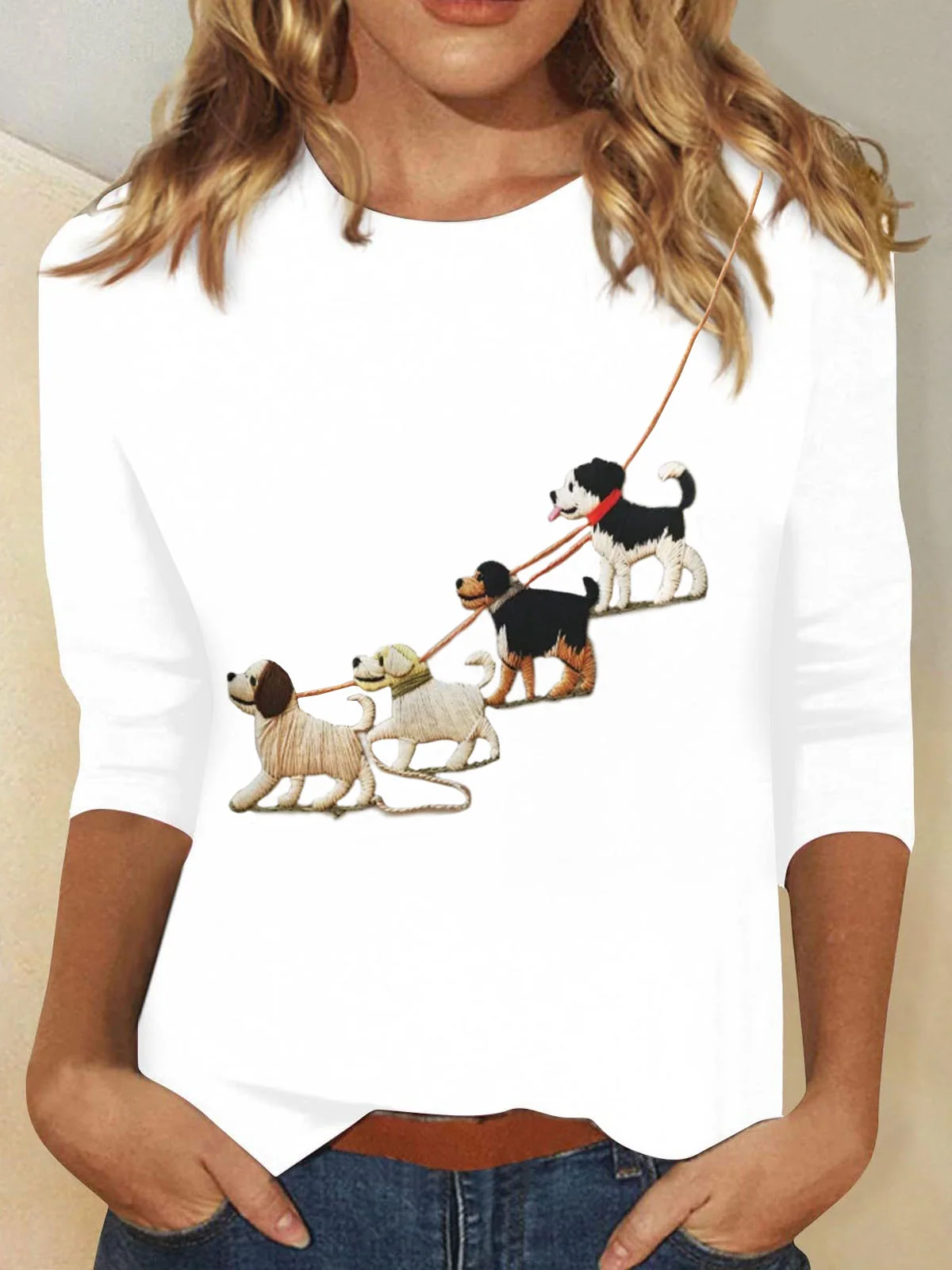 Damen Langarm T-Shirts T-Shirt Frühling/Herbst Hund Baumwollmischung Rundhals Täglich Ausgehen Lässig Oberteile