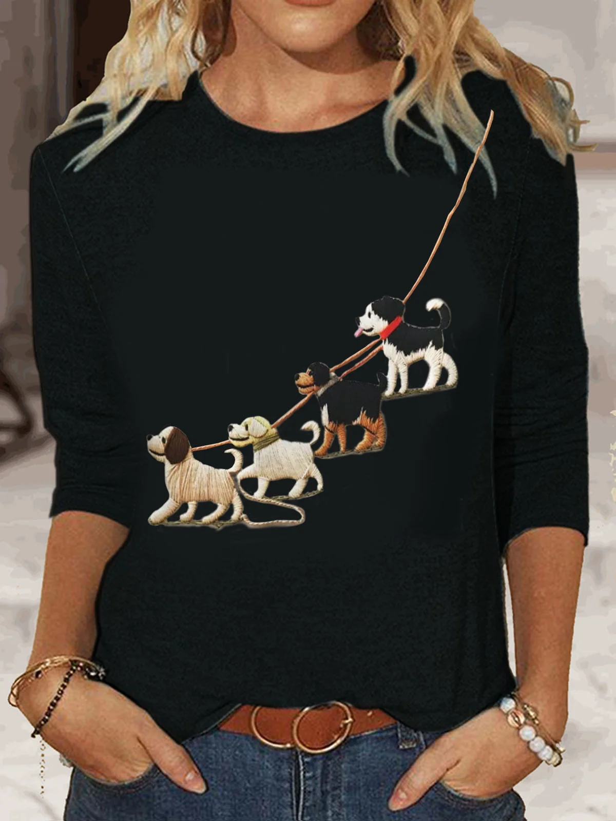Damen Langarm T-Shirts T-Shirt Frühling/Herbst Hund Baumwollmischung Rundhals Täglich Ausgehen Lässig Oberteile