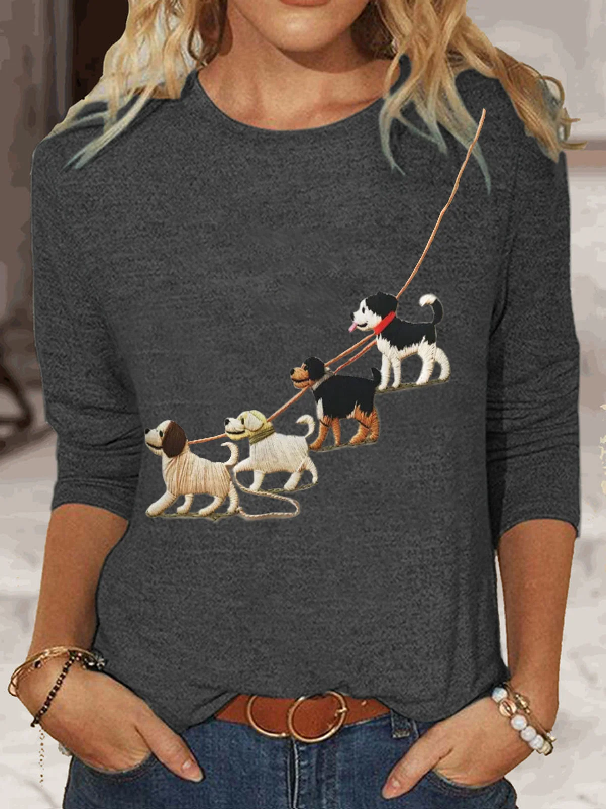 Damen Langarm T-Shirts T-Shirt Frühling/Herbst Hund Baumwollmischung Rundhals Täglich Ausgehen Lässig Oberteile