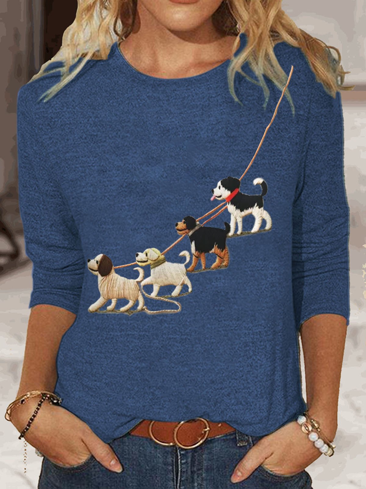Damen Langarm T-Shirts T-Shirt Frühling/Herbst Hund Baumwollmischung Rundhals Täglich Ausgehen Lässig Oberteile