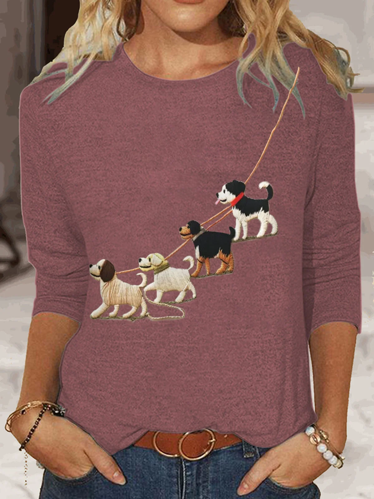 Damen Langarm T-Shirts T-Shirt Frühling/Herbst Hund Baumwollmischung Rundhals Täglich Ausgehen Lässig Oberteile