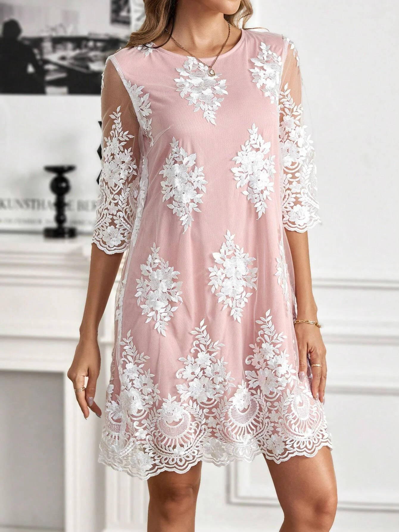Damen Abendkleid Spitze Stickerei Elegant SommerKleid Weit Party MidiKleid