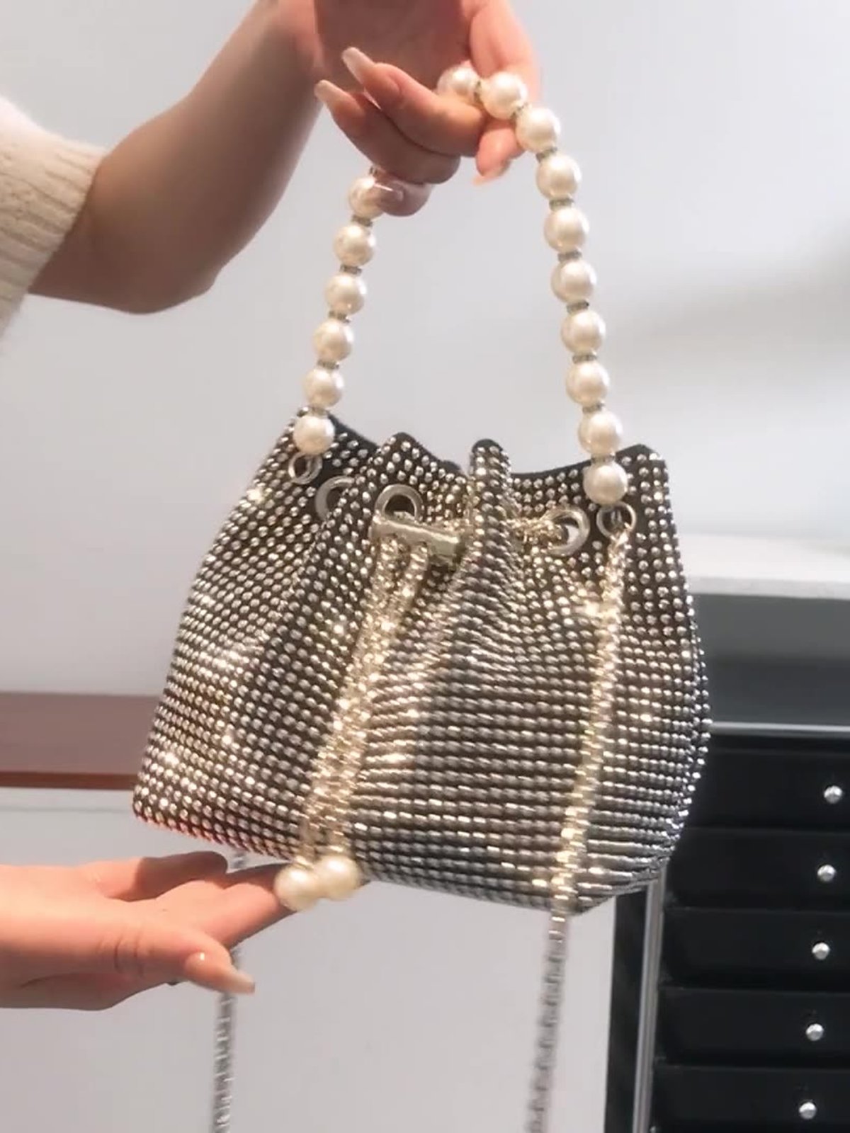 funkelnd Strass Nachgemachte Perle Griff Eimer Tasche Metallkette Umhängetasche