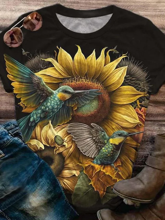 Damen Geblümt Kurzarm T-Shirts T-Shirt Rundhals Lässig Sommer Oberteile