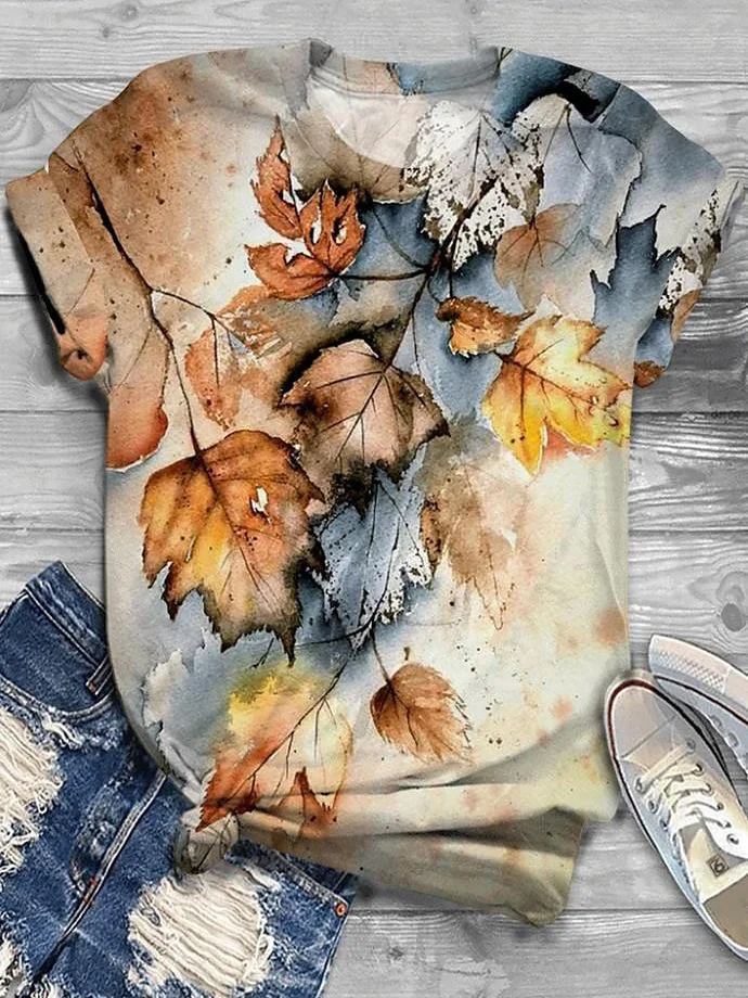 Damen Geblümt Kurzarm T-Shirts T-Shirt Rundhals Lässig Sommer Oberteile