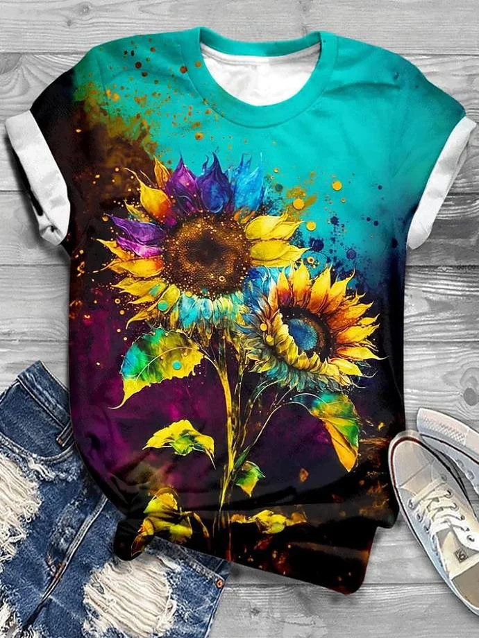 Damen Geblümt Kurzarm T-Shirts T-Shirt Rundhals Lässig Sommer Oberteile