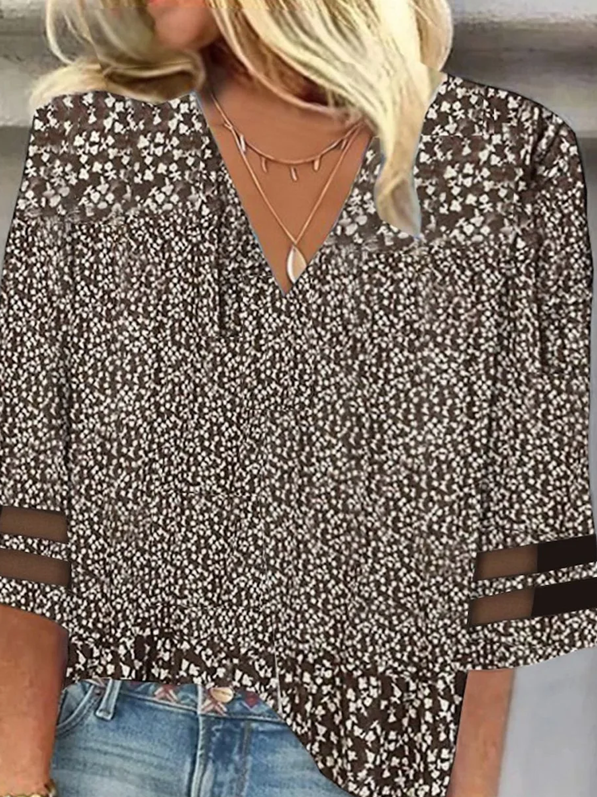 Damen Dreiviertelärmel Bluse Frühling/Herbst Blumenmuster Mesh V-Ausschnitt Täglich Ausgehen Lässig Oberteile