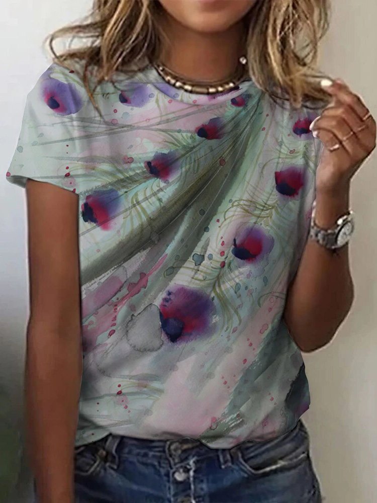Damen Pfauenblau Kurzarm T-Shirts T-Shirt Rundhals Lässig Sommer Oberteile