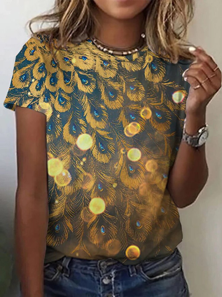 Damen Pfauenblau Kurzarm T-Shirts T-Shirt Rundhals Lässig Sommer Oberteile