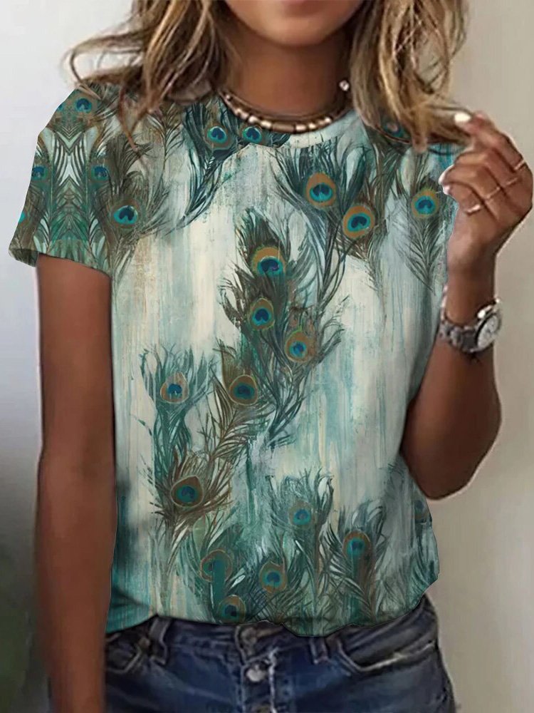 Damen Pfauenblau Kurzarm T-Shirts T-Shirt Rundhals Lässig Sommer Oberteile