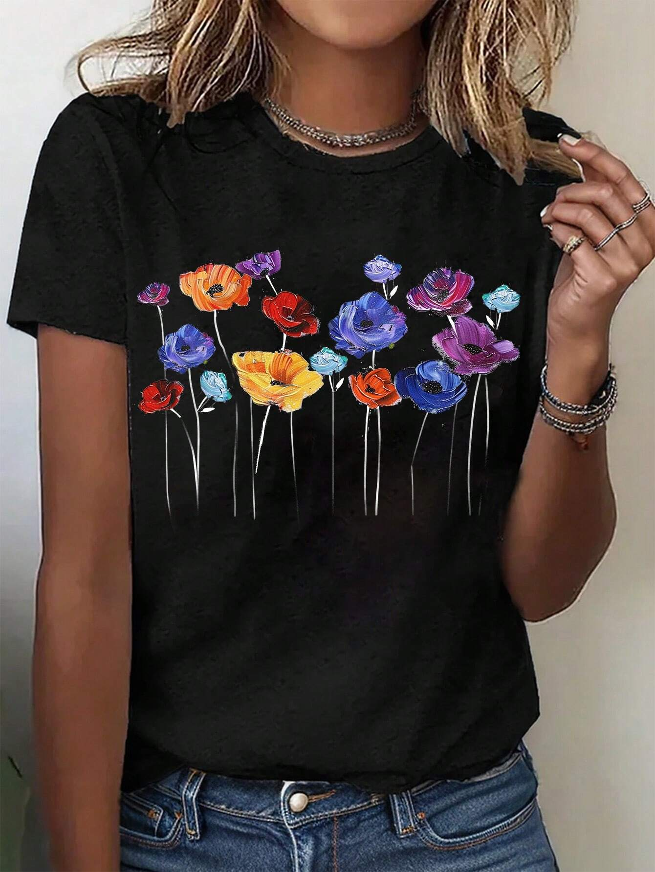 Damen Kurzarm T-Shirts T-Shirt Sommer Geblümt Rundhals Lässig Oberteile