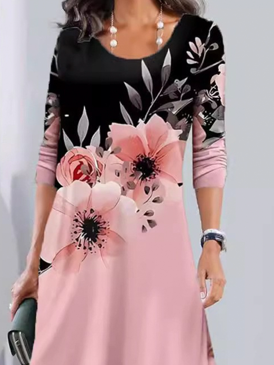 Damen Langarm Frühling/Herbst Geblümt Kleid Rundhals Täglich Ausgehen Lässig Midi A-Linien Spotten Zweiteiliges