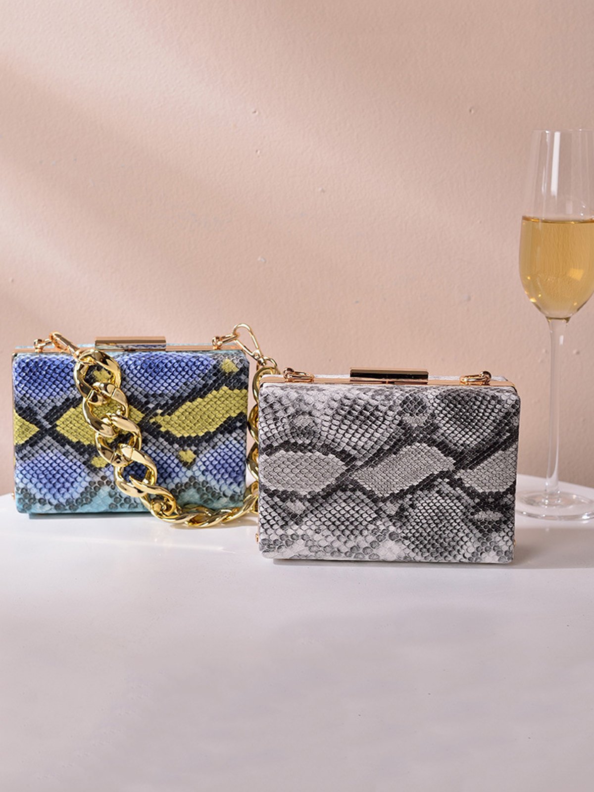 Fashion Schlangenhaut Quadrat Metallkette Handtasche