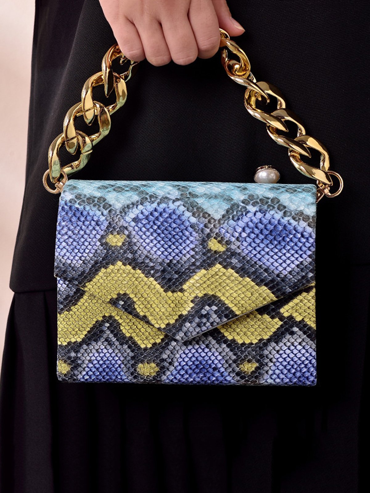 Fashion Schlangenhaut Quadrat Metallkette Handtasche