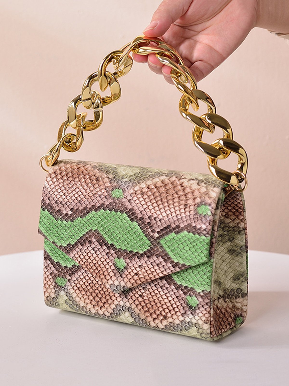 Fashion Schlangenhaut Quadrat Metallkette Handtasche